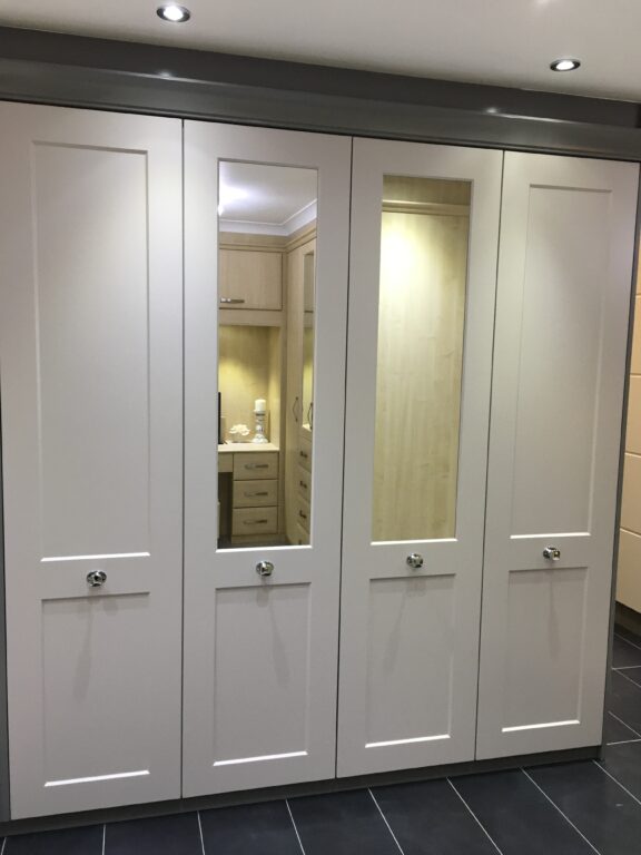 White Shaker Style Wardrobe Doors with Mirrored Panels, Integrated LED Lights in Ceiling