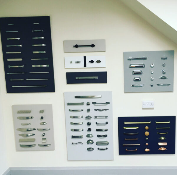 fixture and handle options, along with various styles of kitchen cabinet doors, at the Cavendish Kitchens showroom.