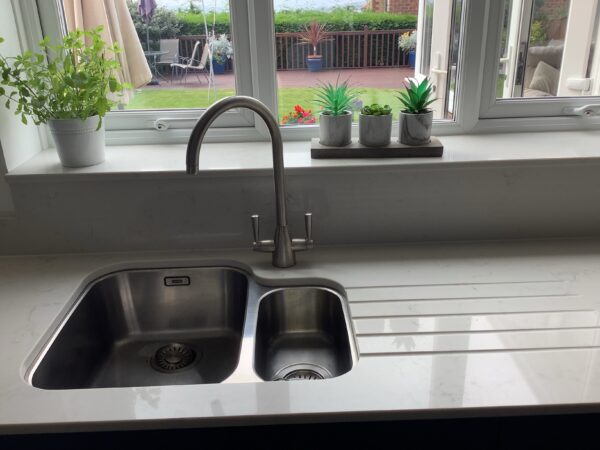 Cavendish-designed White marble kitchen worktop with integrated sink